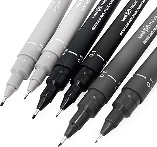 Uni Pin Fineliner Zeichenstift, Skizzier-Set, Grautöne, 0,1 / 0,5 mm, 6 Stück