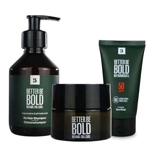 BETTER BE BOLD „Bestseller" Glatzenpflege-Routine (0-3mm) | Mattierende Glatzencreme (0-3mm) + Pflegendes Glatzenshampoo (0-6mm) + Invisible Sun Fluid LSF 50