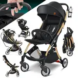 KIDIZ® Kinderwagen Premium Kinderbuggy klappbar Liegebuggy Sportwagen Faltbar 360°Räder 5-Punkt Gurt Inkl. Getränkehalter & Regenabdeckung, verstellbare Rückenlehne & Sonnenverdeck Champagne