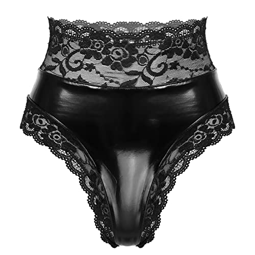 Jowowha Wetlook String Damen Slip Lack Leder Spitze Patchwork Panties Tanga Schwarz Frauen Höschen Sexy Dessous Erotik Unterwäsche A Schwarz Ab S