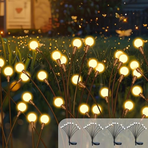 4 Stück Firefly Solarlampen für Außen Garten, 10LED Solar Glühwürmchen Warmweiß, IP65 Wasserdicht, 2 Modi Firefly Solar Licht, Swinging Garten Lichter Dekorative für Fußweg, Yard, Garten, Patio