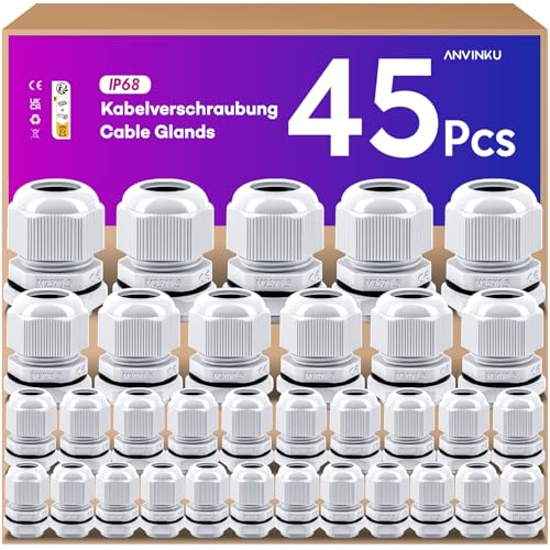 ANVINKU 45 Stück Kabelverschraubung, 4 Typen Kabelverschraubung Wasserdicht, M12 M16 M20 M25 Nylon Kabeldurchführung Wasserdicht, IP68 Weiß Kabelverschraubungen Set mit Gegenmutter Kunststoff