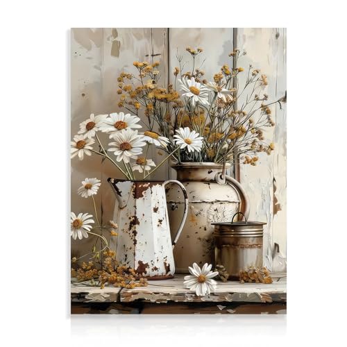 Dazzlewall Rustikale Gänseblümchen Blumen Wandbild, Vintage Land Blumen Leinwand Bild für Badezimmer Schlafzimmer Dekor 30x40 cm Ungerahmt