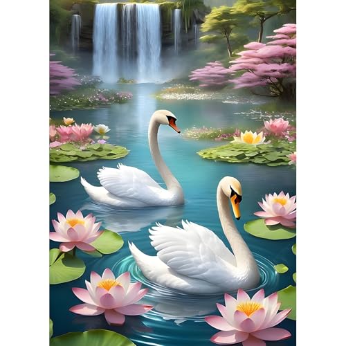 DPHERO DIY Schwan Diamant Painting Bilder für Erwachsene Anfänger,5D Wasserfall Diamond Painting Set,DIY Blumen Runde Steine Diamant Kunst Kits, Lotus Diamant Painting für Zuhause Dekor 30x40 cm