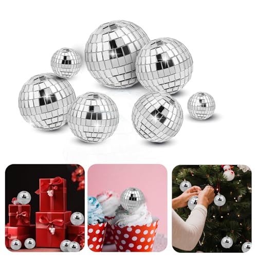 ZEYIYER 7 Stück Disco Spiegel Ball, Dia. 2,3/3/4/5 CM Discokugel Kuchen Toppers Silber Discokugel Weihnachtsbaum, Spiegelkugel zum Aufhängen, Disco Ball Dekoration für 70er Hochzeit Geburtstagsfeier