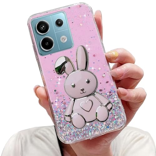 Tivenfezk Nadoli für Xiaomi Poco X6 5G Herz Hase Versteckt Ständer Hülle,Karikatur Glitzer Ständer Weiche Silikon Bling Durchsichtig Schutzhülle,Rosa