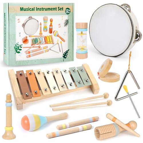 GIBOHOM Musikinstrumente für Kinder ab 1 Jahr, 9 in 1 Montessori Spielzeug Percussion Instrumente Holz mit Trommel Kinder, Xylophon, Baby Musikspielzeug Weihnachts- und Geburtstagsgeschenk für Kinder