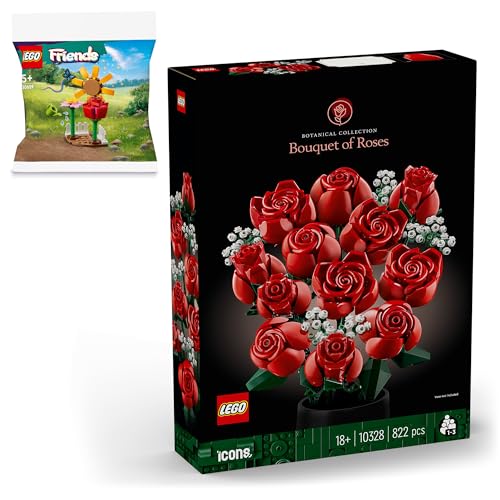 Lego Icons Botanical Rosenstrauß (10328) mit Polybag-Geschenk, Klemmbausteine Blumen als Lego-Deko für Erwachsene