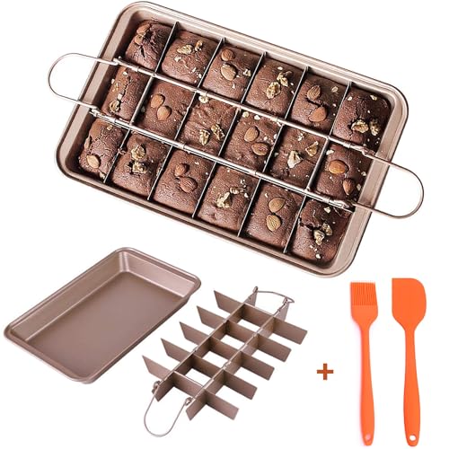 REDO Brownie Backform mit Trennwänden Backblech Brownie Form mit Teiler Cutter 20x30 klein, Verdickt 900g Non-Stick Kohlenstoffstahl 18-Hohlraum und 12 by 8 Zoll Brownie Backen (Champagner Gold)