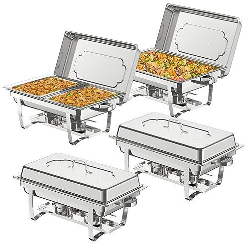 NArra 4er Pack Chafing Dish Buffet Set,9L Chafing Dish Speisewärmer aus Edelstahl,Catering-Serviergestell mit faltbarem Rahmen,Speisepfanne in voller und halber Größe mit Zangen für Hochzeiten,Partys