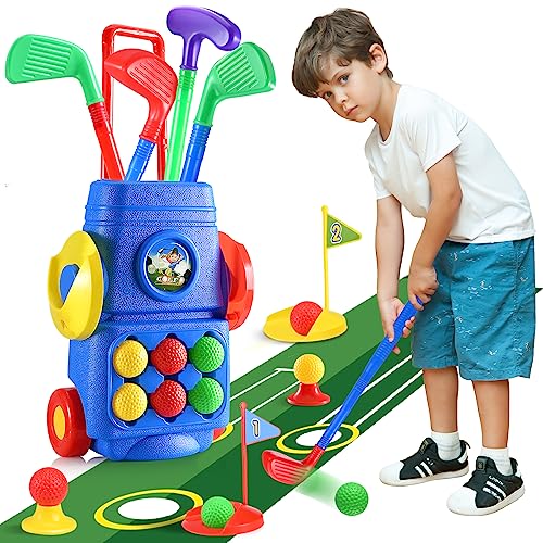 Toddler Golf Set Spielzeug für Kinder, Upgrade Golf Koffer Spiel Spiel Set mit 4 bunten Golfschläger 6 Bälle 2 Praxis Löcher und eine Putting Matte Spielzeug für Jungen Mädchen