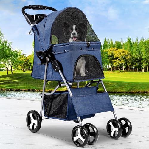YITAHOME Faltbarer Hundebuggy, Hundewagen Katzenwagen mit Aufbewahrungskorb, 4 Rädern, Tragbarer Haustier Kinderwagen, Leicht, Praktisch, Abnehmbar (Blau)