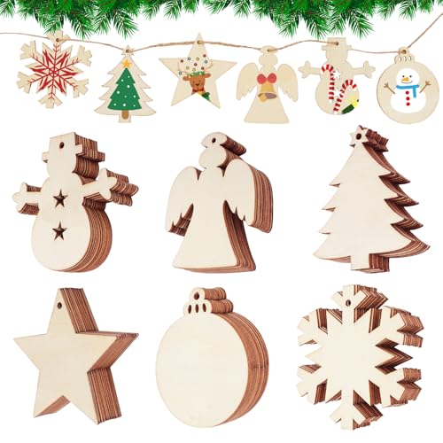 DLUSZERT 72 Stück Weihnachten Holz Ornamente zum Aufhängen, 6 Arten Holzanhänger Weihnachtsschmuck zum Bemalen mit Schnur, Weihnachtsbaum Holzscheiben Dekohänger, Christbaumschmuck für DIY Geschenk