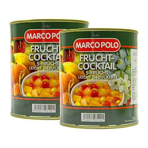 Food-United 5-Frucht-Cocktail leicht gezuckert 2 Dosen Füllmenge 820g ATG 500g Birnen Pfirsiche Weintrauben Ananas Kirschen exotische Aromen harmonisch abgeschmeckt sorgfältig ausgewählt (2 Dosen)