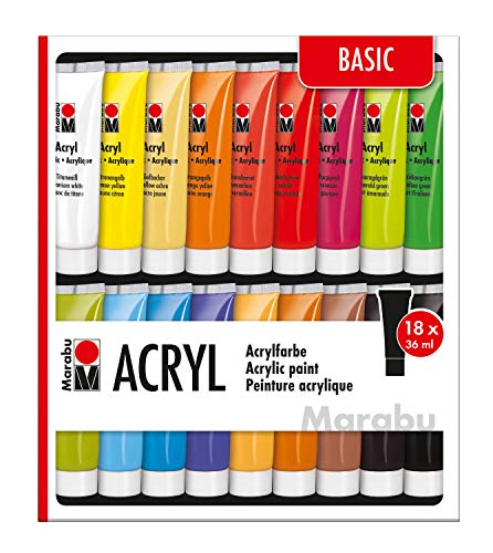 Marabu 1210000000201 - Acrylfarben Set Basic, mit 18 x 36 ml Farbe, auf Wasserbasis, für viele Untergründe geeignet, schnell trocknend, wasserfest und lichtecht