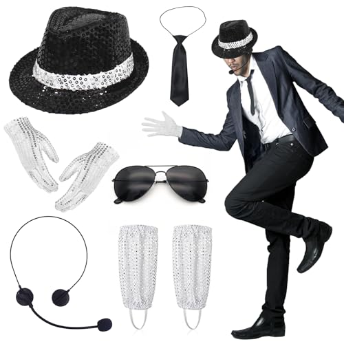 8 Pcs Michael 80er Jahre Kostüm für Herren, 80er Rockstar Cosplay Kostümzubehör Jazz Paillettenhut Handschuh Socke Krawatte Sonnenbrille Kopfmikrofon, King of Pop für Erwachsene Teenager 80S Cosplay