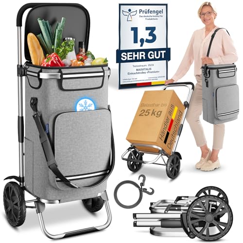 maxVitalis Einkaufstrolley klappbar, Einkaufswagen mit Kühlfach, 3in1 Trolley, Sackkarre & Umhängetasche, Einkaufsrollwagen, Shopping Trolley 43L Kapazität & Spanngurt, Hackenporsche Silbergrau