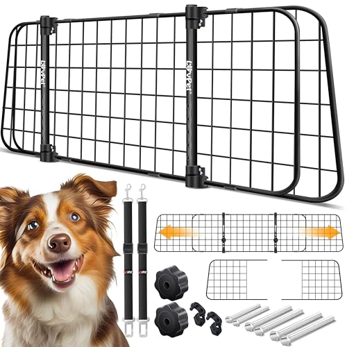 LOVPET® Hundegitter Auto, Autoschutzgitter Trenngitter Universal, verstellbare Breite, Kopfstütze Kofferraum Autogitter Maße 30 x 91-153 cm Kofferraumgitter,+ 2X Sicherheitsgurt für Hunde, Schwarz