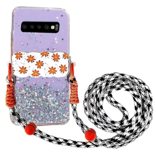 Rnrieyta Miagon Handykette Hüll für Samsung Galaxy S10 Plus Glitzer Durchsichtig Case mit Universal Blume Telefon Clip Kordel zum Umhängen Handyanhänger Halsband Lanyard