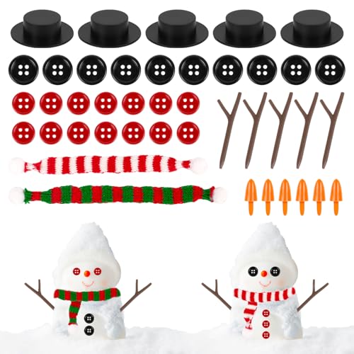 VEYLIN Weihnachten Schneemann DIY Craft Kit,10 Stück DIY Weihnachten Schneemann Kit Mini Zylinder Hut, Karottennase, winzige rot und grüne Knöpfe, Strickschal für einen Mini-Weihnachtsschneemann