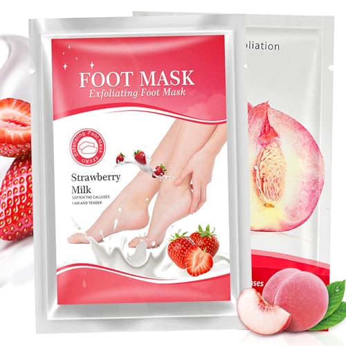 2 Paar Fußmaske, Hornhaut Socken, Abgestorbene und Entfernt Effektiv, Fußpflege für Zarte Füße, Exfoliating Fussmaske für Männer und Frauen (Pfirsich+Erdbeere)