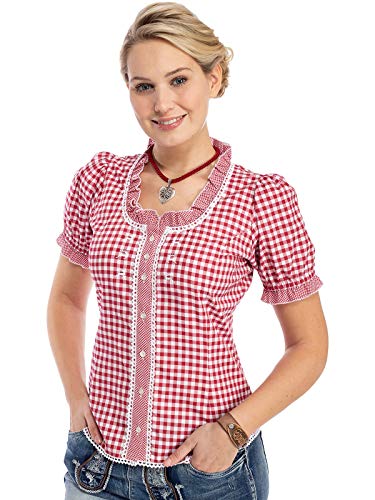 Trachtenbluse Damen Karierte Bluse Kurzarmhemd Damen Oktoberfest Damen Outfit Traditionelle Taillierte Trachten Bluse Mit Stehkragen & HerzknöPfen Trachten Oberteil Damen Trachtenblusen Trachtenshirt