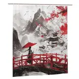 Japan Duschvorhang 180x180cm XXL Duschvorhänge Landschaft Shower Curtains, Wasserabweisend, Badewannen Hotelvorhang, Beschwerter Saum, Schnell Trocknend, mit 12 Plastik Einhaken Bad Vorhang, Gifts