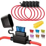 Gebildet 5pcs 16AWG Sicherungshalter mit Draht für KFZ LKW, 32V 20A Inline Flachsicherung Wasserdicht Halter, mit 6-teiligen Standard Mittel Flachsicherungen (3A /5A /7.5A /10A /15A /20A)