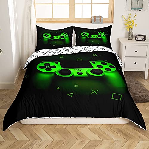 Gamer Bettwäsche Sets für Jungen 135x200,Gaming Bettbezug Kinder Teens Männer Videospiel Zimmer Dekor Reversible Tröster Abdeckung Grün Retro Game Controller Weicher Luxus 2 Stücke