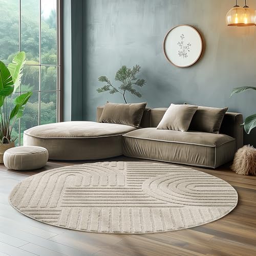 Hochflor Rund Teppich Wohnzimmer Küchenteppich Schlafzimmer Läufer Flur Skandi Boho Teppich 3D Design Flauschig Weich, Größe: 120 x 120 cm Farbe: Beige