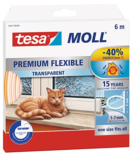 tesamoll Premium Flexible - Selbstklebende Silikondichtung zum Isolieren von Spalten an Fenstern und Türen - Transparent - 6 m x 9 mm x 7 mm