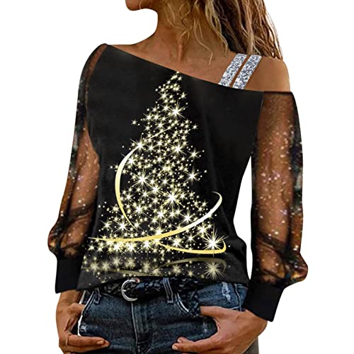 CGGMVCG Weihnachts-Shirts für Damen, Weinglas, bedruckt, langärmelig, schulterfrei, sexy Weihnachtsbluse, Tops, Z01 Gelb, XX-Large