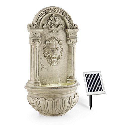 blumfeldt Löwenstein Gartenbrunnen mit LED-Beleuchtung - Löwenkopf Edition, Wandbrunnen antik, Zierbrunnen, Outdoor, Solarpanel, Akku: 2000 mAh, Dämmerungssensor, Naturstein-Optik, grau