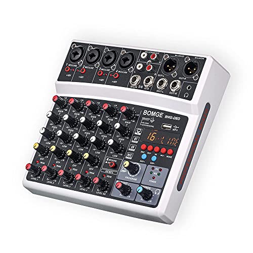 BOMGE 6-Kanal-DJ-Audio-Mixer mit MP3-USB-Bluetooth, 48 V Phantomspeisung, 16 DSP-Echo-Effekt-Mixer für Live, Musik, Karaoke, Podcast, Weiß