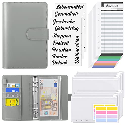 KONVINIT Budget Binder,A6 Ringbuch Budget Planner,Budget Organizer,Geld Sparen Mappe mit Geldumschläge für Budgetierung,Budgetbogen,Etiketten,Geschenke für Frauen,grau