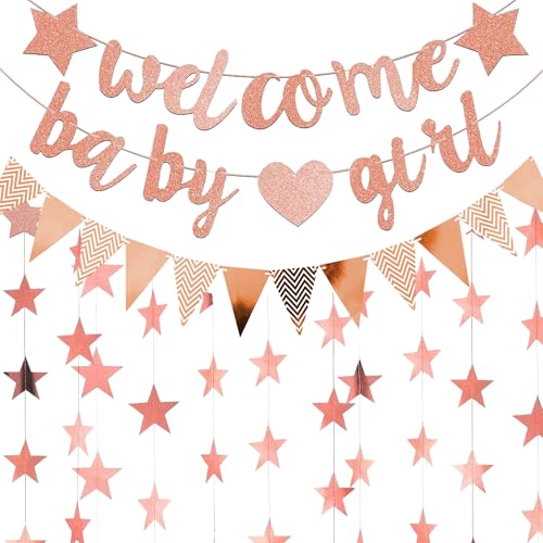 Willkommen Zuhause Baby Deko Mädchen - Rosa Welcome Home Baby Girl Banner, Wimpelkette und Glitter Stern Papier Girlande, Herzlich Wilkommensdeko Babyparty Baby Shower Dekoration