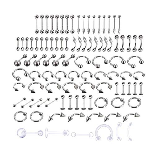 LuLyL 92 Stück Locher (92 Stück), 16 Stile 316L Edelstahl, 6 Stück transparente Bauchnabelringe für Körper, Zunge, Nase, Ohren, Lippen, 91 Stück (1 Stück) Edelstahl, 91 Unité (Lot de 1), Edelstahl
