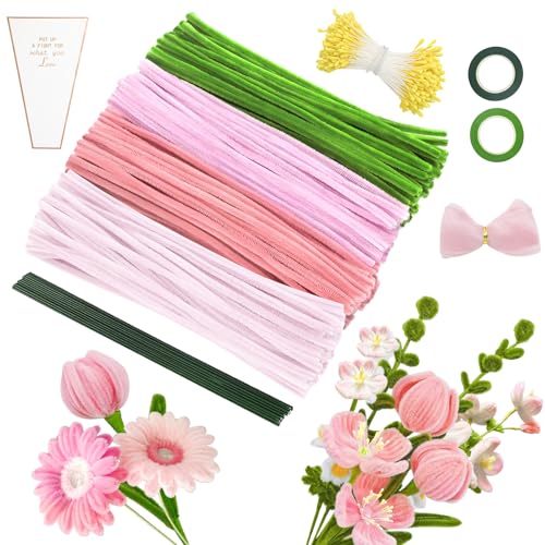MOTONG 400 Stück Pfeifenreiniger zum Basteln-4 Farben Pfeifenputzer Rosa zum Chenilledraht, 360 Stück Staubgefäße 20 Stück Blumendraht zum Basteln mit Geschenkband Pfeifenputzer Blumen Set