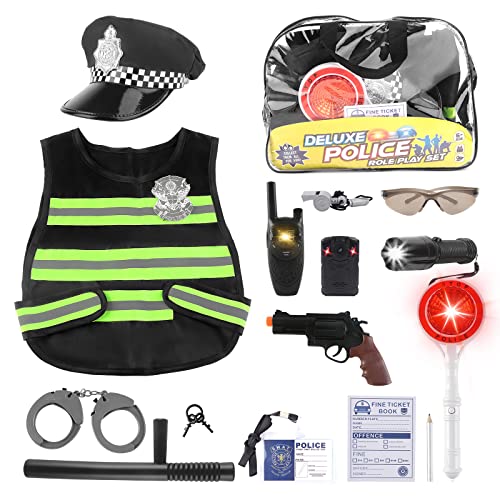 deAO Polizei Kostüm Kinder Spielzeug mit Polizeiausrüstung Polizeimütze Weste Sonnenbrille Walkie Talkie Polizei Spielzeug-Rollenspiel-Set für Halloween