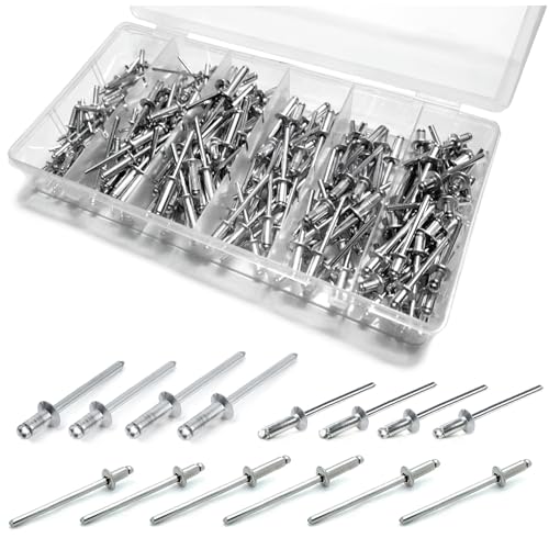 250pcs Stück Alu Blindnieten Sortiment Popnieten Set,Pop Nieten Stahlniete, 6 häufig verwendeten Größen Silber Aluminium Blindnieten (Silver, BOX SET-A)