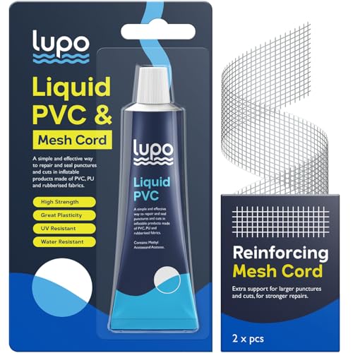 Lupo Hochleistungs-Flüssigvinyl-Reparaturflicken mit verstärkender Netzschnur | Vinyl-Reparatur-Klebstoff und Dichtstoff | Für aufblasbare Kajaks, Luftmatratzen, Zelte, Schwimmbäder (30 ml)