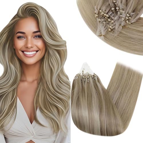 RUNATURE Microring Extensions Echthaar Braun Hervorheben Blond 30cm Extensions Echthaar Microring Aschbraun Mit Platinblond Echte Haare 50Strähne Echthaar Extensions Microring 40g #8P60