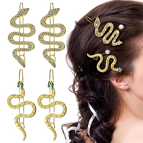 cobee 4 Stück Schlangen Haarnadeln, Legierung Vintage Haarspangen minimalistische Kristall glitzernde Strass Haarnadel Clips Set Haarschmuck Accessoires für Frauen und Mädchen Kopfschmuck(Gold)