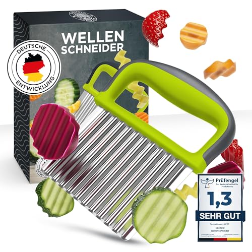 Edelfeld Wellenschneider für Pommes, Obst & Gemüse [TESTSIEGER] - Spülmaschinengeeignetes Wellenmesser - Riffelmesser für Erwachsene & Kinder - Solides Wellenschnittmesser aus Edelstahl - Für BLW