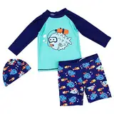 KEIZHUONIQIU Baby 2 Stück Rash Guard Badeanzüge UPF50+ Kleinkind Langarm Cartoon Sunsuit Sets Badeanzug mit Hut 1 Set (Blue, 2-3 Years)