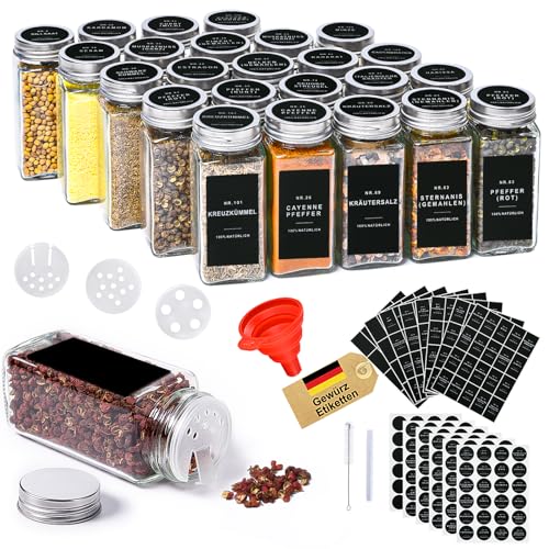 Gewürzgläser Eckig mit Streueinsatz 25er: Glas Gewürzdosen 120ml - Gewürz Organizer - Spice Jars mit Etiketten - Trichter - Reinigungsbürste - Geeignet für Küche, Schublade, Gewürzregal, Camping