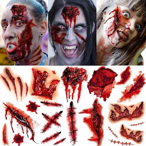 9 Blatt Gruselig Fake Narben Tattoos Frauen Männer, Klebetattoos Erwachsene Zombie Make UP Halloween Gesicht Schminke, Temporäre Tattoos Aufkleber Wunden Kratzer Kostüm Zubehör Realistisch Blut