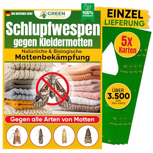 GREEN GUARDIA Schlupfwespen gegen Kleidermotten - 5 Karten à 1 Lieferung - Effektiv Motten bekämpfen/Bio- und Umweltfreundliche Alternative zu Mottenfalle, Mottenspray, Pheromfalle