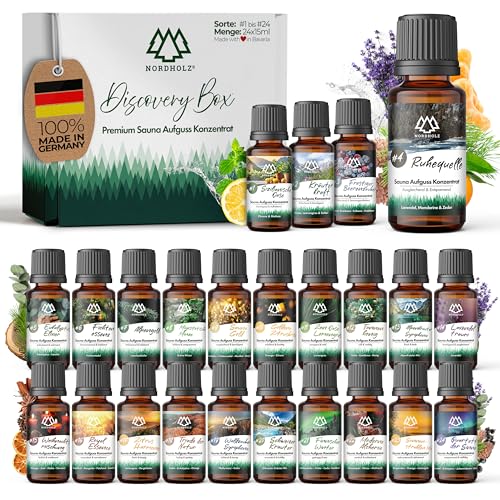 NORDHOLZ® Saunaaufguss Discovery Box 24x15ml [ #1-#24 NATURREINE ÄTHERISCHE ÖLE] Sauna Aufgussmittel - Sauna Aufguss aus Franken - Sauna Zubehör