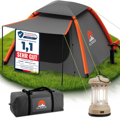 ELONEO aufblasbares Zelt für 1-3 Personen mit Vordach & Luftpumpe, Camping Zelt wasserdicht, Luftzelt Ultraleicht, Inflatable Tent, Glamping Zelt mit gratis LED Licht
